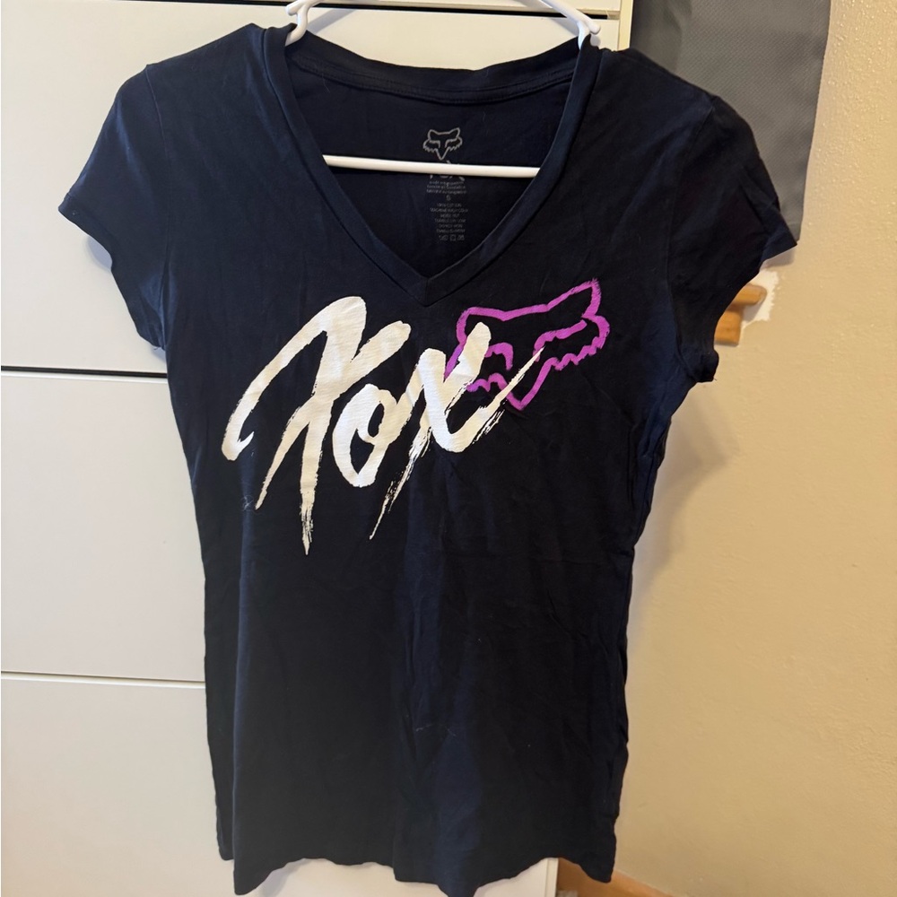 Fox Black V-Neck Tee with White Script and Pink Fox Head